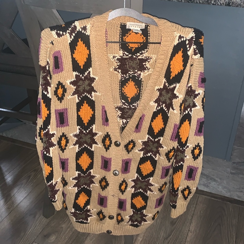 Women’s mid length multicolor knitted V Neck sweater cardigan size medium